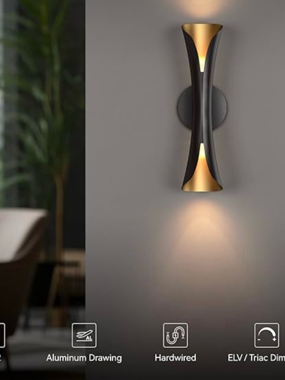 NIB PAIR Wall Sconces Dimmable Black Gold Sconce Lights Hardwired Modern Indoor - Picture 8 of 11